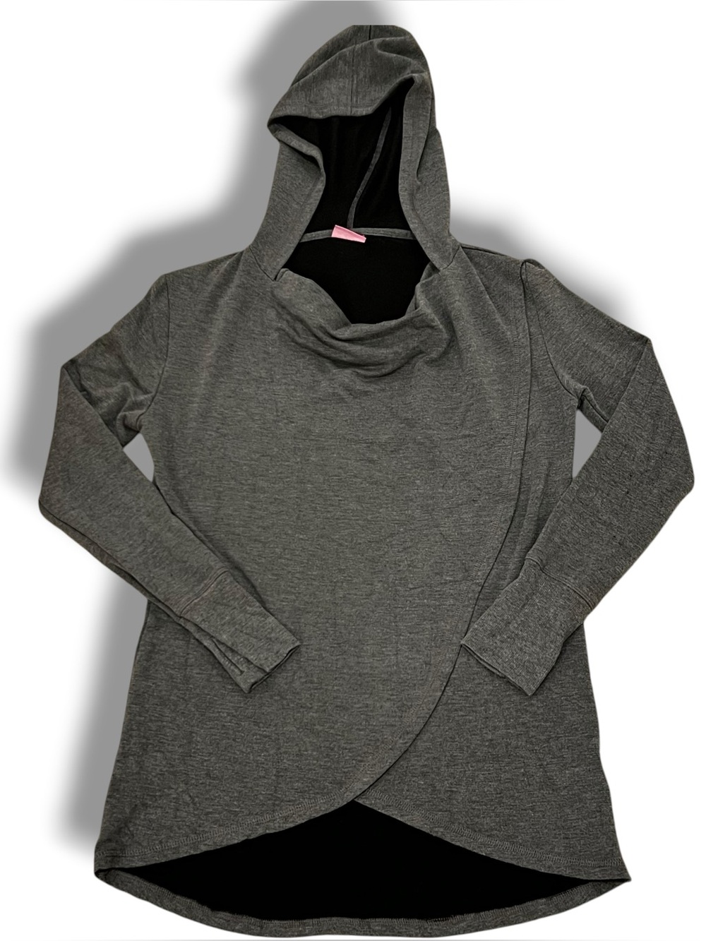 Crane Womens M Faux Wrap Cowl Neck Hoodie Gray Lightweight Stretchy Pullover F-5